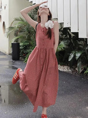 Hnewly Sweet Red Plaid Long Dress Women Elegant Casual Sleeveless Korean Dress Vintage Female Preppy Style Loose A Line Vestidos