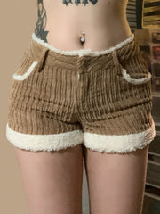 Hnewly cute casual outfits for winter Autumn Trendy New Women’s Corduroy Short Fashion Simple All-Match Faux Fur Trim Spliced Design Short Pants