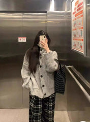 Hnewly Slouchy Knit Cardigan for Women Rib-knit Pockets Front High Neck Button Up Sweater Jacket Coat Female Autumn Winter Basic Outfit