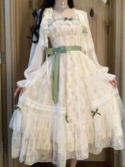 Hnewly New Lolita Sweet Chiffon Long Sleeve Sun Protection Cardigan+ Y2k Sexy Slim Waist Bow Dress for Women Summer Two Piece Sets