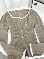 Hnewly Spring Woman Korean Fashion Long Sleeve Cardigan Tops 90s Vintage Sweaters Mori Girl Square Collar Lace Spliced Knitwears