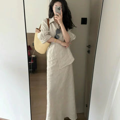 Hnewly Casual Set for Women Simple Collar Loose Long Sleeve Shirt Versatile Half length Long Skirt Two Piece Set