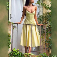 Hnewly Fashion Solid Color Dress Women's Waist Retraction Strap Casual A Line Dresses 2025 Summer New Tide