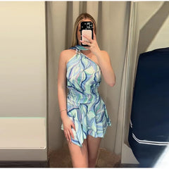 Hnewly Swirl Print Halter Neck Mini Dress Sleeveless Spaghetti Strap Slim Fit Short Dresses Summer Casual Fashion Beach Sundress