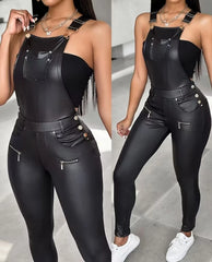 Hnewly Cool Stylish High-End Buckle Zipper Design Solid Color Jumpsuit Pants Slim Fit High Waisted Tight Fitting Ankle Strap Overalls