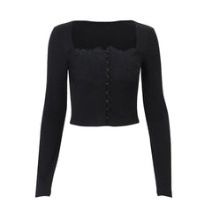 Hnewly Sexy Square Neck Long Sleeve Top Casual Women Up Cardigan Crop Tops Y2K Fashion Solid Spring Summer Streetwear T shirt