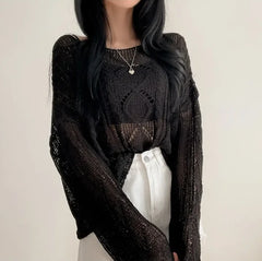 Hnewly Long Sleeve Crochet Top Cable Knit Summer Beach Bikini Cover Up Crop Pullover Openwork Blouse Women Vacation Boho Outfit