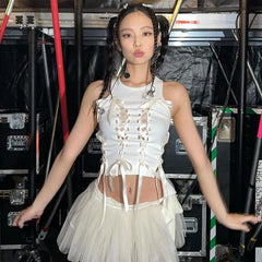 Hnewly Aesthetic Bow Cross Bandage Crop Top Women O Neck Sleeveless Ribbed Kawaii T Shirt Fashion Streetwear Cute Slim Vest