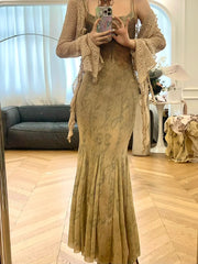 Hnewly Two Pieces Set Japanese Chic Casual Grunge Cropped Cardigans + Vintage Y2k Aesthetic Slim Waist Tunic Sexy Butterfly Print Dress