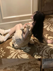 Hnewly Sweet Sexy Summer Dress Women Square Collar Garden Party Vintage Slim Lace Flying Sleeve Hollow Out Design Korean Style Ulzzang