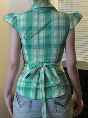 Hnewly Fashion Y2k Lace Spliced Plaid Prints Women Shirts Shorts Sleeves Retro Chic Design Summer Polo Blouses