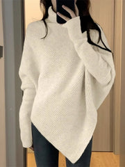 Hnewly High Neck Irregular Sweater Women's Autumn Winter Korean Version Loose Soft Knitted Top Elegant Long Sleeved Pullover