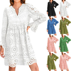 Hnewly Women's Spring And Summer Sexy Hollow Out Lace Long Sleeve V-neck Skirt Solid Color Breathable V-Neck Casual A-line Dresses