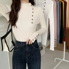 Hnewly Rib Knit Top Mock Neck Long Sleeve Slim Fitted Sweater Mockneck Pullovers Women Plain Jumper Teen-girl Fall Winter Outfit