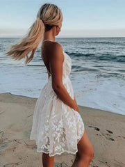 Hnewly Fashion White Lace Flower Mini Dress Women Summer Sleeveless V Neck Backless Bandage Dress Beach Club Sexy Dresses Vestidos