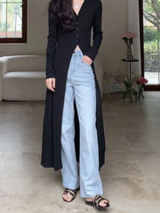 Hnewly Lazy Fashion V-neck Black Cardigan Mujer Y2k E-Girl Long Sleeve Sun Protection Coat Women Mid-length All-match Tops Dress