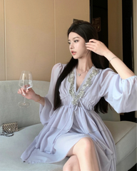 Hnewly Beaded Multi Ruffles Mini Dress Elastic High Waist Puff Lantern Sleeves Chiffon Dresses Celebrity Style Vestidos Women