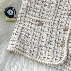 Hnewly Women New Autumn Tweed Elegant Vintag Vest V-neck Sleeveless Slim Pockets Waistcoat Ladies Fashion Womens Short Small Vest