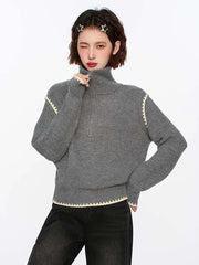 Hnewly Streetwear Retro Gray Sweaters Women Loose Harajuku Long Sleeve Knitted Pullover Y2K American Turtleneck Vintage Jumper New