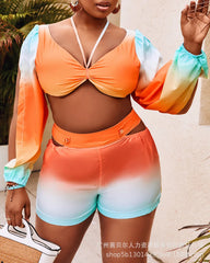 Hnewly Summer Women's Stylish Casual Set Tie-Dye Pattern with Long Sleeve Halter Top and and Shorts Cutout Detail Suitable for Vacation