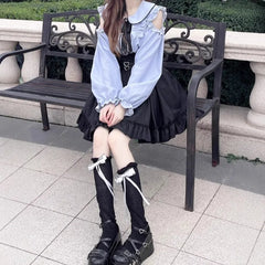 Hnewly New Japanese Sweet Long Sleeve Shoulder Bared Doll Collar Women's Shirt Autumn Top Casual Slim Fit Mini Skirt Two Piece Set