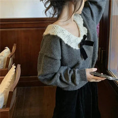 Hnewly Korean Style Sweaters Women Kawaii Sweet Elegant Knited Pullovers Grey Bow Vintage Patchwork Autumn Winter Sweaters