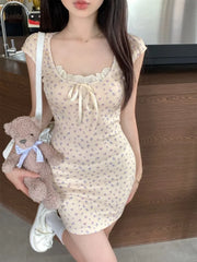 Hnewly Dresses Women Floral Printed Sleeveless Ruffles Patchwork Slim Bow Summer Fashion Mini Dress Female Casual Sweet