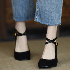 Hnewly Spring and Autumn New Fashion Square Toe Thick Heel Retro Matte Sexy Trendy Cross Buckle Women's Shoes