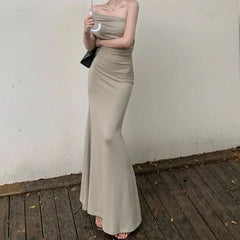 Hnewly Women's Summer One Shoulder Pleated Slimming Top, Slim Fit Half Skirt, Long Skirt Two-Piece Set