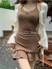 Hnewly American Style Vintage 2 Piece Set Spicy Girl Sexy Sleeveless Mini Dress + Knitted Ruffle Y2k Cardigan Korean Fashion Suit Woman