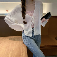 Hnewly Women Tie Up Short Cardigan Knitted Long Sleeve Tie Front Shrug Cardigan Lightweight Cover Up Jacket Teen-girl Y2K Outfit
