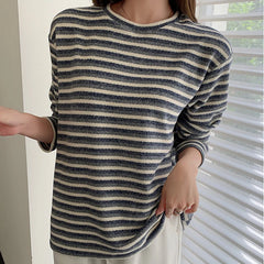 Hnewly Casual Striped Women's Pullovers Spring Autumn Crew Neck Long Sleeve Knitted Sweater Woman Soft Loose Bottoming Tops Women