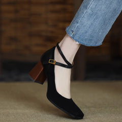 Hnewly Spring and Autumn New Fashion Square Toe Thick Heel Retro Matte Sexy Trendy Cross Buckle Women's Shoes