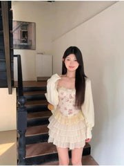 Hnewly Summer New 3 Piece Skirt Set Knitted Sun Elegant Cardigan Women's Floral Lace Camisole Short Ruffle Cake Skirt Y2k Korean