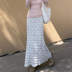 Hnewly French Printed Fold Fishtail Skirt for Women Korean High Waist Long Skirts Woman Summer Chic Wrap Hip Midi Skirts Female