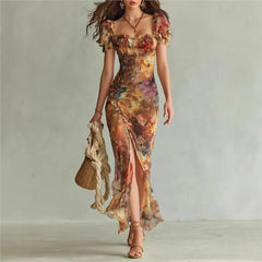 Lunivop Floral Maxi Dress Woman Sexy Square Collar Ruched Split Bodycon Long Dress New Summer Puff Sleeve Ruffle Party Dress
