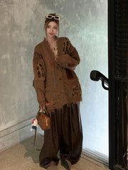 Hnewly Label Patchwork Leopard Cardigan Sweater Women Retro Ripped Tassels Button Down Knit Jacket Thick Warm Winter Outwear