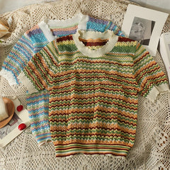 Hnewly Colorful Striped Knitted T Shirt For Women Spring Summer Hollow Out Sexy Streetwear Tops Korean O-Neck Short Pullover Blouses