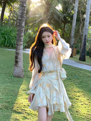 Hnewly Summer Casual Temperament Party Dress Long Sleeve Puff Sleeve V-Neck Yellow Floral Dress Vintage Slim Fit Korean Dress