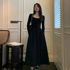Hnewly Vintage Square Collar Maxi Wedding Dresses for Women Clothing Party Office Lady Casual Black Pockets Bodycon Midi Dress Autumn