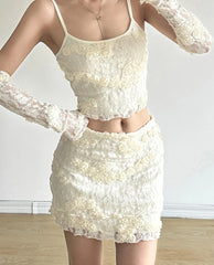 Hnewly Sweet Tie Floral Dress Set Women Sexy Slim 2 Piece Sets Slash Neck Sleeveless Camis Tops Mid-Waisted Mini Skirts