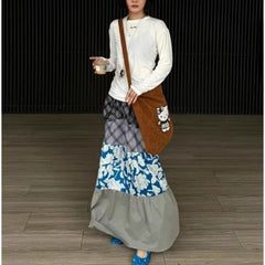 Hnewly Japanese Style Plaid Skirt Women Vintage Harajuku Y2k Patchwork Long Skirts Autumn Winter Streetwear Retro Ruffle Skirt