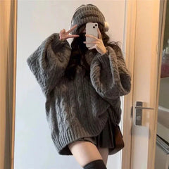 Hnewly Autumn Winter Women Sweater Harajuku Oversized Knitted Pullovers Korean Long Sleeve V Neck Knitwear Preppy Solid Loose Jumper