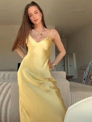 Hnewly Women Summer Yellow Stain V Neck Sling Dress Elegant Sleeveless Loose Maxi Robes 2025 New Ladies Party Holiday Dresses