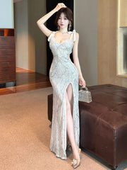 Hnewly Temperament Dresses Women Sexy Sequins Elegant V Neck Bandage Sleeveless Mesh Patchwork Party Dress Female Fashion