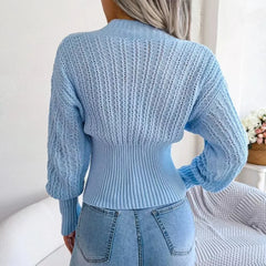 Hnewly Plunge Knit Top for Women Long Sleeve V-Neck Crop Sweater Ribbed Waist Pullover Top Fall Winter Ladies Sexy Chic Outfit
