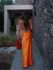Lunivop Orange Satin Lace Up Sling Long Dresses Women Fashion V Neck Backless Sleeveless Maxi Robe Summer Female Evening Party Club Gown