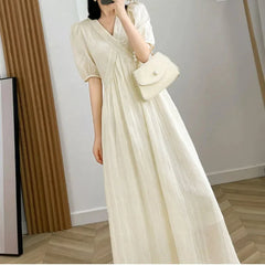 Hnewly Women Vintage Fashion High Waist Elegant Party Long Dresses Summer V Neck Short Sleeve Solid Vacation Beach Maxi Dress Vestidos