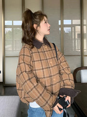 Hnewly Warm Vintage Plaid Parkas Women Loose Long Sleeve Winter Thick Cotton Coat Korean Casual Pockets Cute Sweet Jacket Tops New