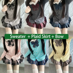 Hnewly 3Pc Set Japanese Korean School Uniforms Multicolor Sweater&Plaid Pleat Skirt with Bow Jk Uniform Suit Graduation Costumes Women